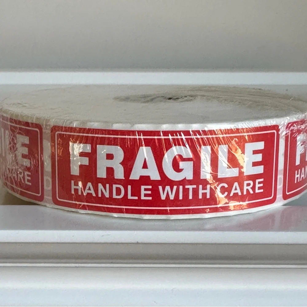 1000 Fragile Labels Stickers 1 Roll Red White Seller Shipping Supplies